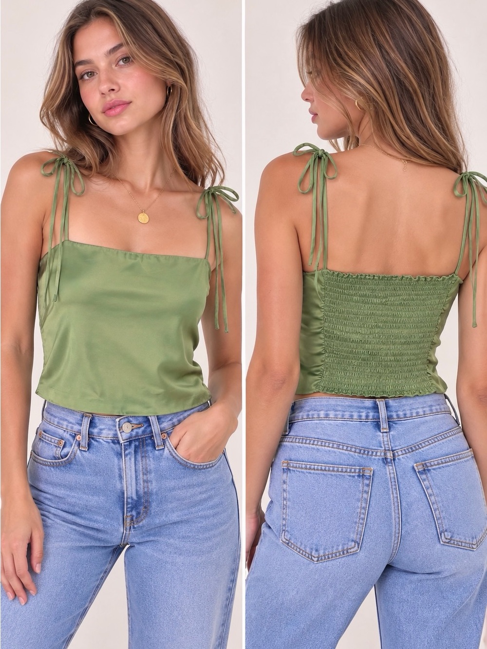 Urban Outfitters Olive Green Satin Tie-Shoulder Cami